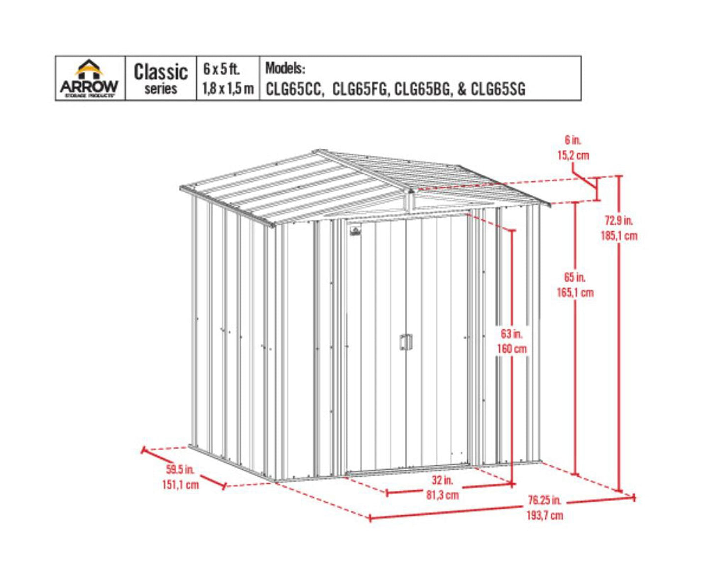 Arrow Shed Classic 6' x 5' Hangar de rangement extérieur cadenassable en acier, gris flûte 