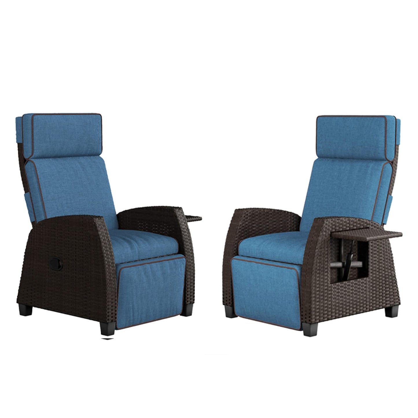 Grand patio Outdoor Recliners Set of 2 Patio Recliner Chair, All-Weather Wicker Reclining Patio Chairs, Flip-up Side Table, Recliner Chair, Peacock Blue Peacock Blue 2pcs 2 PCS