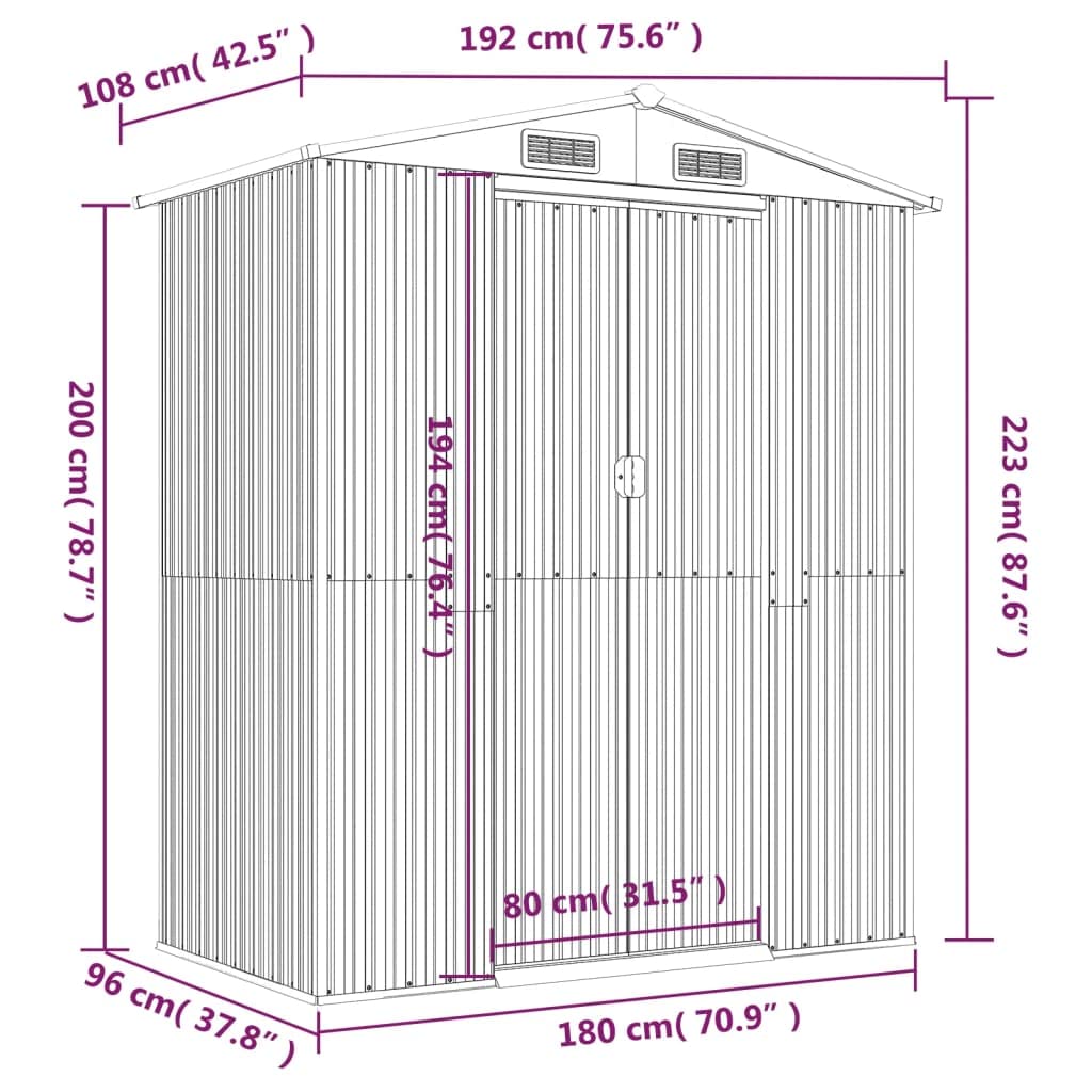 Gecheer Abri de jardin en acier galvanisé, abri de rangement pour outils de jardin avec évent, abri de rangement extérieur pour organiser la maison de rangement avec porte pour jardin, patio, pelouse – Gris clair 190 x 107,8 x 223,8 cm 