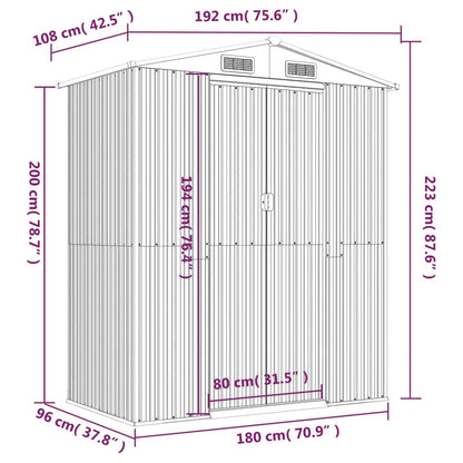 Gecheer Abri de jardin en acier galvanisé, abri de rangement pour outils de jardin avec évent, abri de rangement extérieur pour organiser la maison de rangement avec porte pour jardin, patio, pelouse – Gris clair 190 x 107,8 x 223,8 cm 