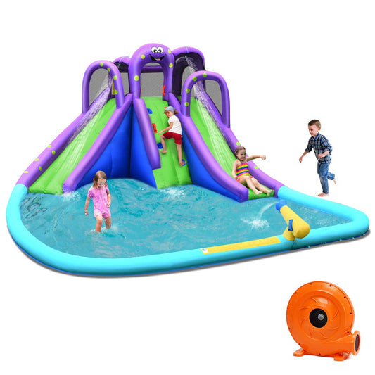 BOUNTECH Toboggan aquatique gonflable, parc de toboggans aquatiques géants pour s'amuser en plein air avec 2 longs toboggans, piscine à éclaboussures, ventilateur 780 W, escalade, toboggans aquatiques gonflables pour enfants et adultes