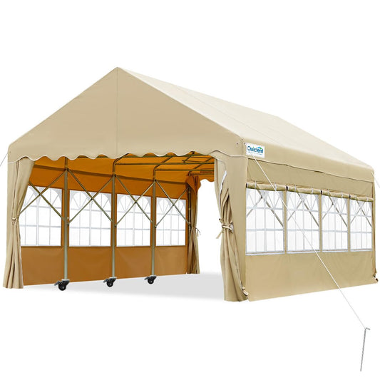 Quictent 13'X20' Heavy Duty Anti-Snow Carport Car Port Garage Car Canopy Retractable Carport Tent Car Tent Outdoor Boat Shelter with Removable Window Sidewall-Khaki With Sidewall