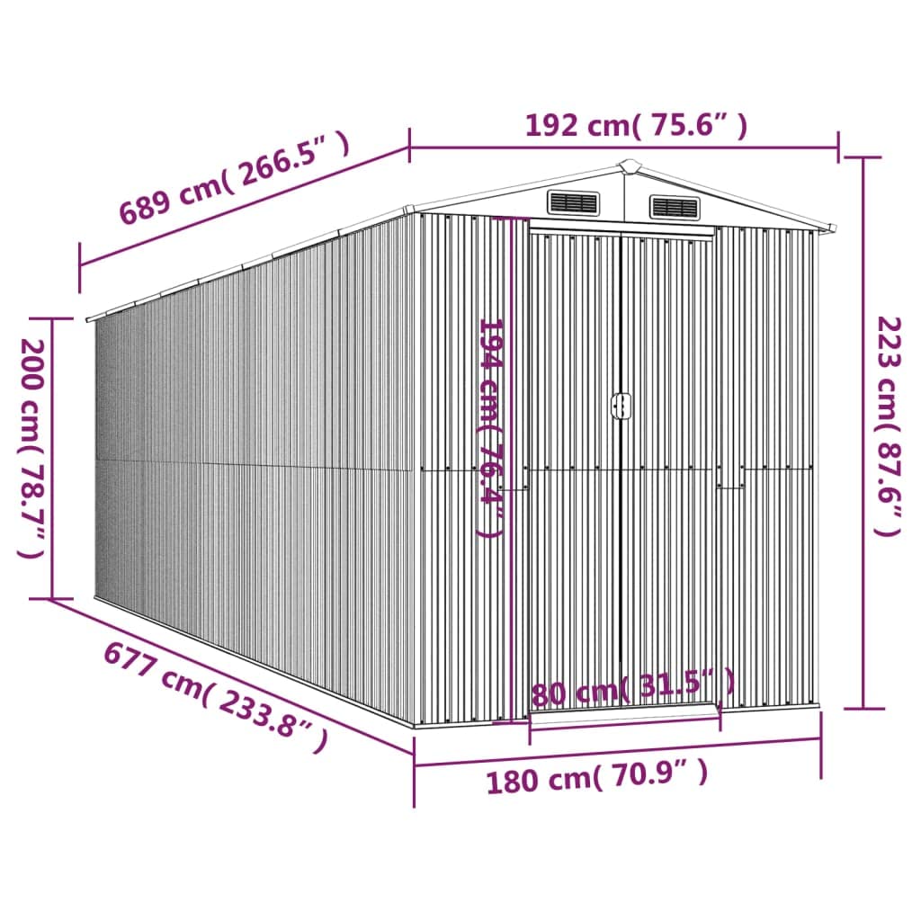 GOLINPEILO Abri de jardin extérieur en métal, grand hangar à outils utilitaire en acier, abri de jardin en acier avec doubles portes coulissantes, rangement utilitaire et outils, marron foncé 75,6"x271,3"x87,8" 75,6"x271,3"x87,8" 