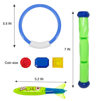 Fayoo Lot de 23 jouets sous-marins pour piscine/plongée sous-marine (4 pièces), Toypedo Bandits (4 pièces), bâtons de plongée (3 pièces) avec trésors sous-marins (12 pièces)