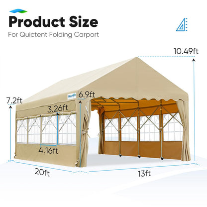 Quictent 13'X20' Heavy Duty Anti-Snow Carport Car Canopy Retractable Carport Tent Car Port Garage Outdoor Boat Shelter with Removable Window Sidewall-Khaki With Sidewall-Khaki