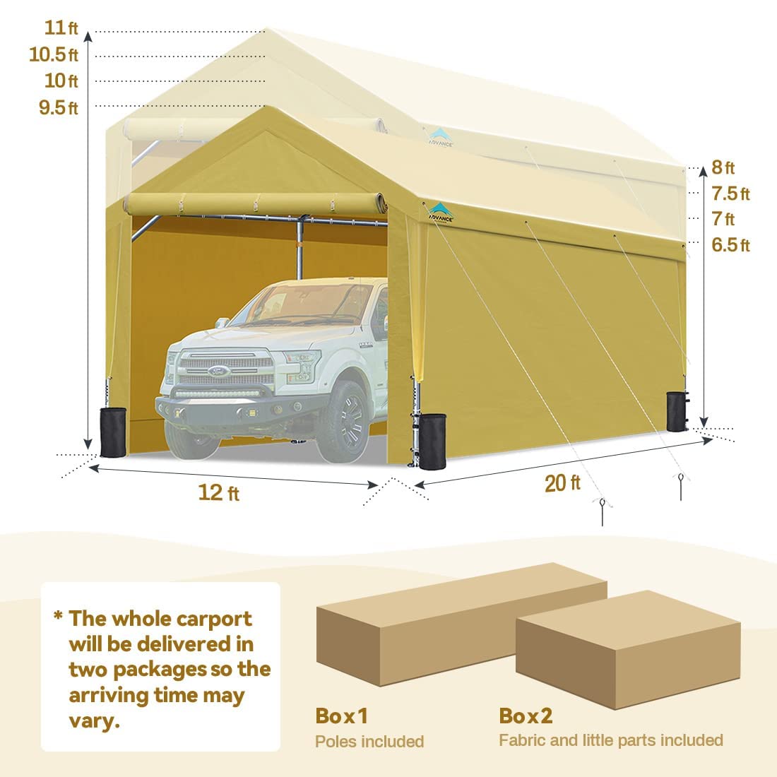 ADVANCE OUTDOOR 12x20 ft Heavy Duty Carport with Sidewalls & Doors, Adjustable Height from 9.5 ft to 11 ft, Car Canopy Garage Party Tent Boat Shelter with 8 Reinforced Poles and 4 Sandbags, Beige 12'x20'