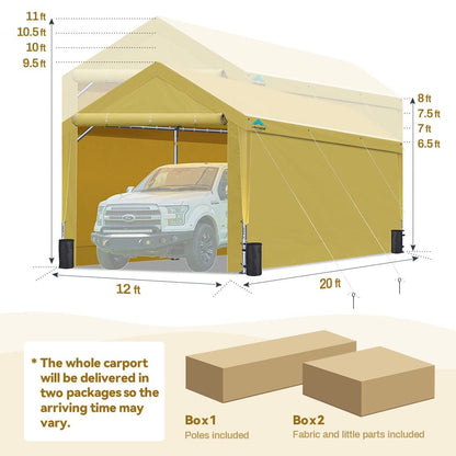 ADVANCE OUTDOOR Abri de voiture robuste de 12 x 20 pieds avec parois latérales et portes, hauteur réglable de 9,5 pieds à 11 pieds, auvent de voiture, garage, tente de fête, abri de bateau avec 8 poteaux renforcés et 4 sacs de sable, beige 12'x20' 