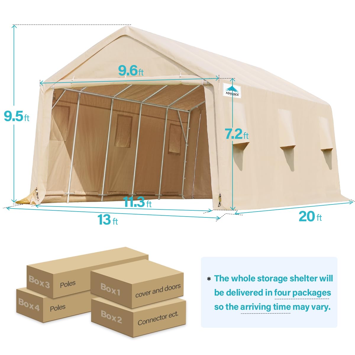 ADVANCE OUTDOOR Tente de garage de 4,3 x 6,1 m avec 2 portes enroulables et aérations, abri de rangement extérieur portable pour véhicule, camion, bateau, anti-UV, résistant à la neige, imperméable, beige 