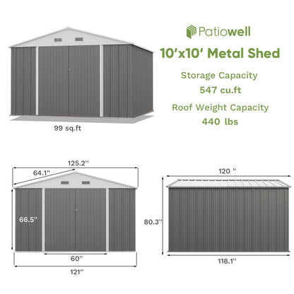 Patiowell Abri de rangement en métal pour extérieur, abri de jardin en acier avec portes verrouillables, rangement utilitaire et outils pour jardin, cour, patio, utilisation extérieure, gris 3 m x 3 m 