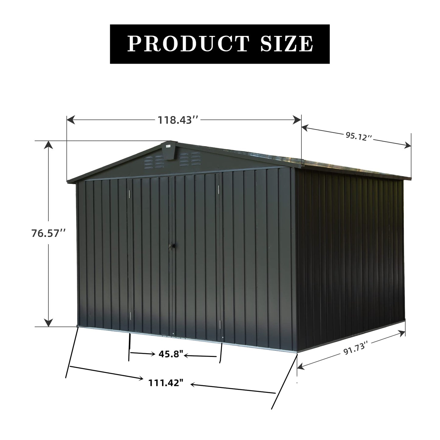 Domi Abri de rangement extérieur 3 x 2,4 m, abri à outils en métal avec double porte verrouillable, grand abri à vélo étanche pour jardin, cour, pelouse, noir 3 x 2,4 m (toit à pignon) 