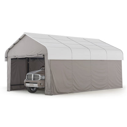 Sunjoy Carport 12 x 20 ft. Outdoor Gazebo with Fabric Enclosure & Sidewalls, Heavy Duty Garage with Powder-Coated Steel/Aluminum Roof and Frame, Gambrel Roof Carport for Car, Boat and Trailer White/Light Gray 12 x 20 ft.