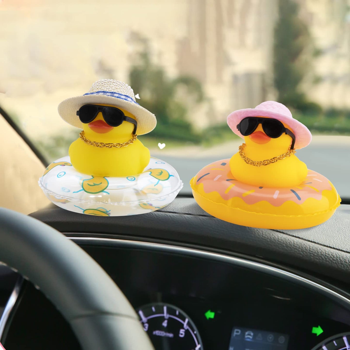 wonuu Car Rubber Duck Car Duck Decoration Dashboard Car Ornament for Car Dashboard Decoration Accessories with Mini Bachelor Cap Necklace and Sunglasses A-pink&pink Doughnut Swim Ring