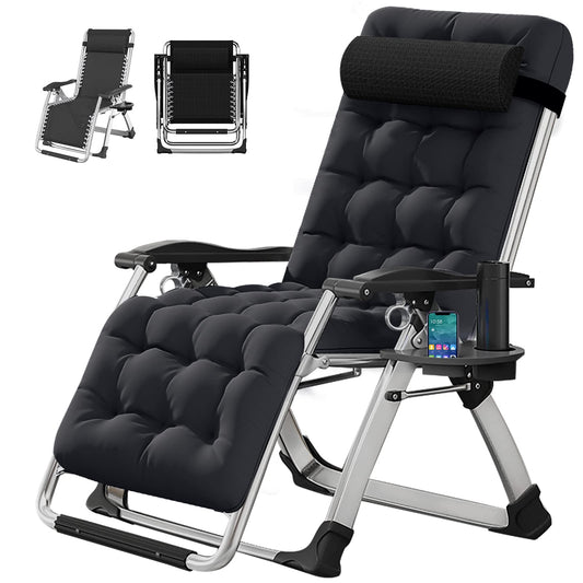 Zero Gravity Chair, Lawn Recliner, Reclining Patio Lounger Chair, Folding Portable Chaise with Detachable Soft Cushion, Cup Holder, Headrest Black Zero Gravity Chair