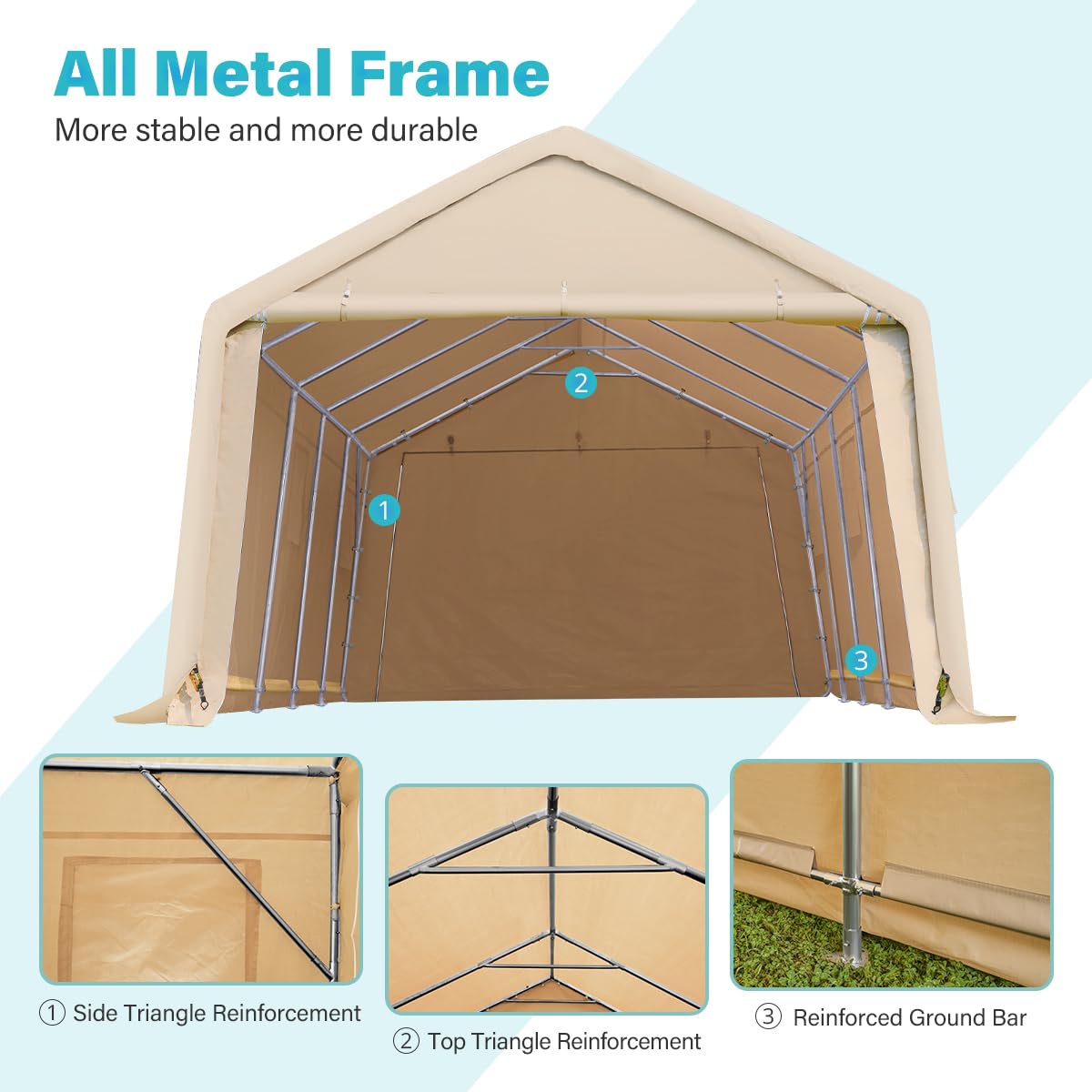 ADVANCE OUTDOOR Tente de garage de 4,3 x 6,1 m avec 2 portes enroulables et aérations, abri de rangement extérieur portable pour véhicule, camion, bateau, anti-UV, résistant à la neige, imperméable, beige 