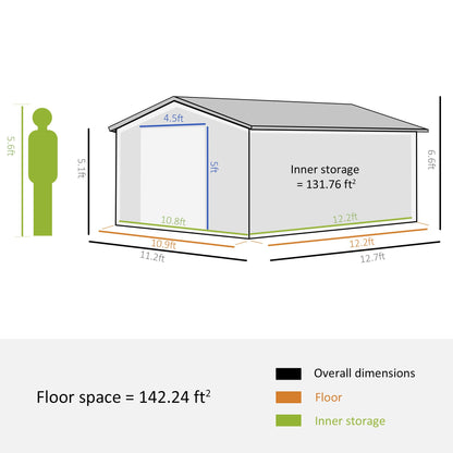 Outsunny 11,15' L x 12,5' P x 6,6' H Abri à outils de jardin extérieur avec doubles portes coulissantes, 4 aérations et acier durable, gris foncé 13' x 11' 