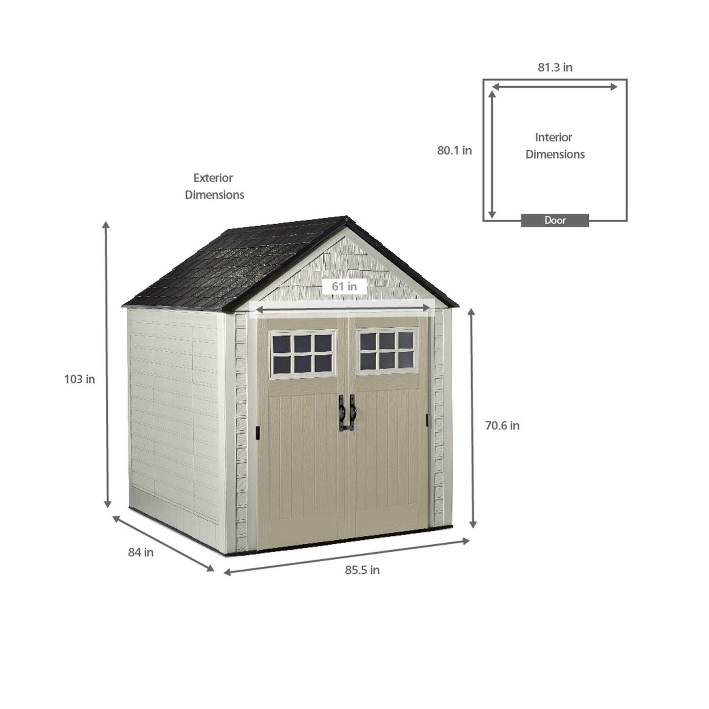 Rubbermaid Abri de rangement extérieur en résine résistante aux intempéries de 7 x 7 pieds + support de rangement pour outils de jardin et sport de 34 pouces pour abris 