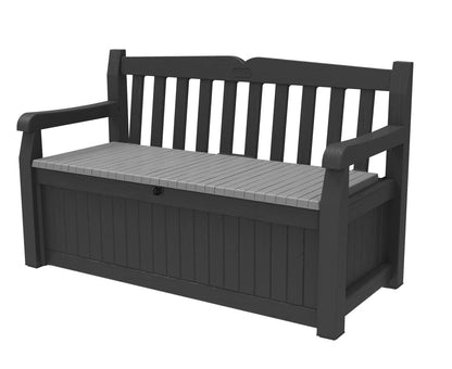 Rubbermaid Patio Chic Boîte de rangement extérieure en résine résistante aux intempéries, 123 gallons, panier en osier de chêne noir et Keter Solana, banc de rangement de 70 gallons pour meubles de patio, armoire + boîte de terrasse 70 GL 