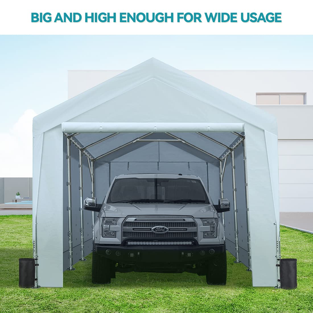 ADVANCE OUTDOOR 12x20 ft Heavy Duty Carport with Sidewalls and Doors, Adjustable Height from 9.5 to 11 ft, Car Canopy Garage Party Tent Boat Shelter 8 Reinforced Poles 4 Sandbags, White (017W-2) With Sidewall