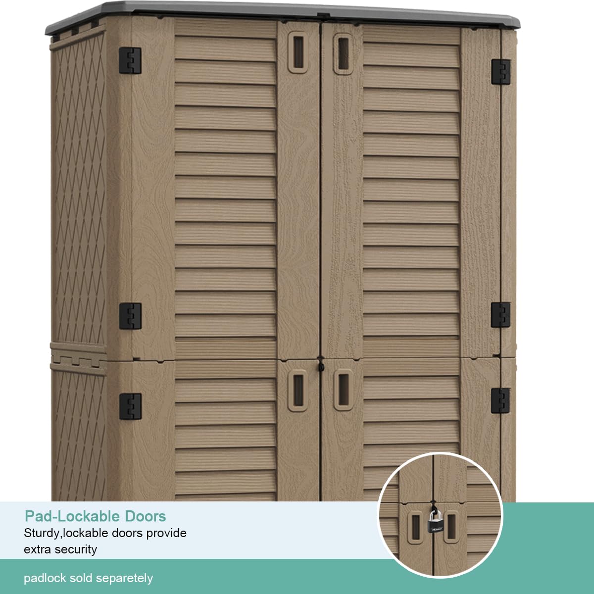 KINYING Abri de rangement extérieur étanche, armoire de rangement extérieure verticale en résine pour meubles de patio, outils de jardin, accessoires de piscine, rangement pour tondeuse (52 pieds cubes, marron foncé) Marron foncé-03C 