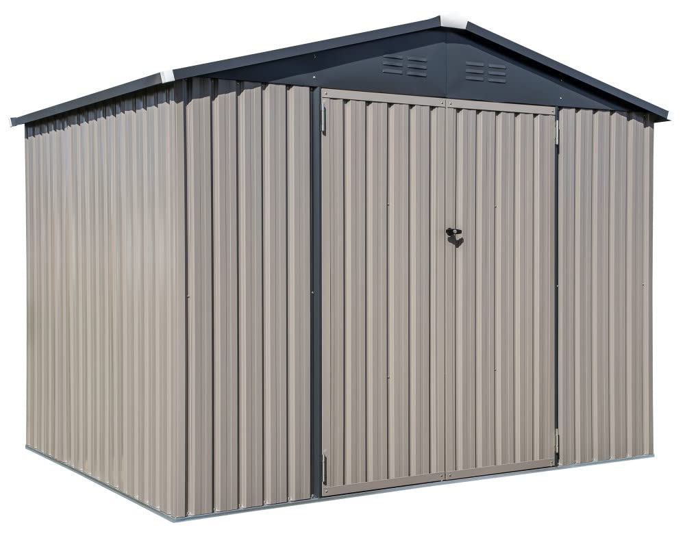 Cover-It 8x6 Metal Outdoor Galvanized Steel Storage Shed with Swinging Double Lockable Doors for Backyard or Patio Storage of Bikes, Grills, Supplies, Tools, Toys, for Lawn, Garden, and Camping, Tan 8' x 6'