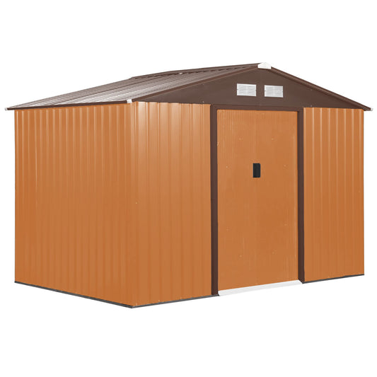 Outsunny 9' x 6' Metal Storage Shed Garden Tool House with Double Sliding Doors, 4 Air Vents for Backyard, Patio, Lawn Brown 9' x 6'