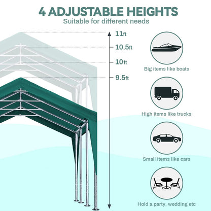 ADVANCE OUTDOOR 12x20 ft Heavy Duty Carport with Sidewalls and Doors, Adjustable Height from 9.5 to 11 ft, Car Canopy Garage Party Tent Boat Shelter 8 Reinforced Poles 4 Sandbags,Green (017G-2) With Sidewall Green