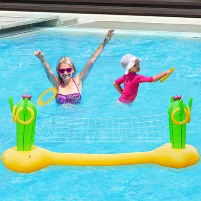 X XBEN Jeu de volley-ball gonflable pour piscine avec lancer d'anneaux, ensemble de flotteurs de piscine avec ballon, filet de volley-ball, jeu de piscine aquatique pour adultes, famille et natation, flotteurs d'été, terrain de volley-ball (jaune)