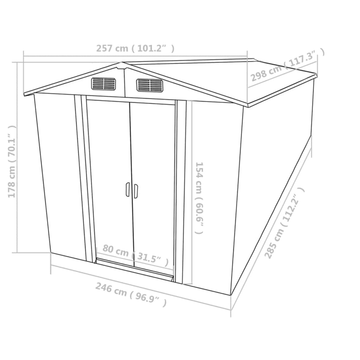 Bopdu Abri de jardin avec grille d'aération, abri de rangement extérieur en acier galvanisé avec porte pour jardin, terrasse, pelouse, 101,2" x 117,3" x 70,1", gris métal 101,2 x 117,3 x 70,1 