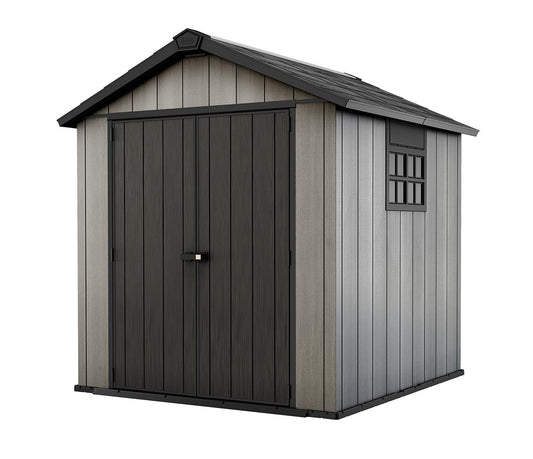 Keter Oakland 7.5x7 Foot Large Resin Outdoor Shed with Customizable Walls for Lawn Mower and Bike Storage, 7.5 x 7, Grey Gray