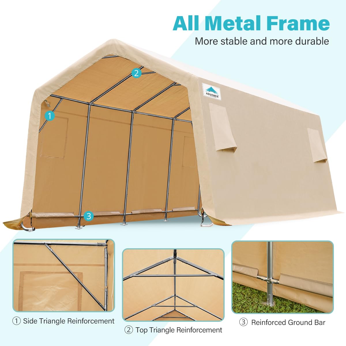 ADVANCE OUTDOOR 10X20 ft Carport Heavy Duty Outdoor Patio Anti-Snow Portable Canopy Storage Shelter Shed with 2 Rolled up Zipper Doors & Vents for Snowmobile Garden Tools, Beige (8808BY-3) 10'x20'
