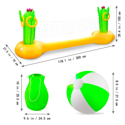 X XBEN Jeu de volley-ball gonflable pour piscine avec lancer d'anneaux, ensemble de flotteurs de piscine avec ballon, filet de volley-ball, jeu de piscine aquatique pour adultes, famille et natation, flotteurs d'été, terrain de volley-ball (jaune)