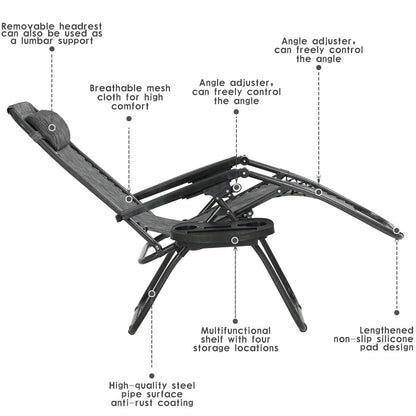 FDW Chaise Zero Gravity Chaise longue Lot de 2 chaises de jardin Chaises longues Chaises de camping Chaises de terrasse pliantes Chaises de plage Chaise de piscine anti-inclinable avec oreiller et porte-gobelet Gris