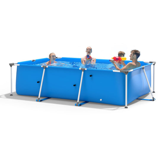 Goplus Frame Piscine, 10ft x 6.7ft x 30in Rectangulaire Hors Sol Piscines avec Cadre en Acier, Couverture de Piscine, Installation et Drainage Faciles, Piscine Familiale pour Cour, Jardin, Patio, Balcon (Bleu) Bleu