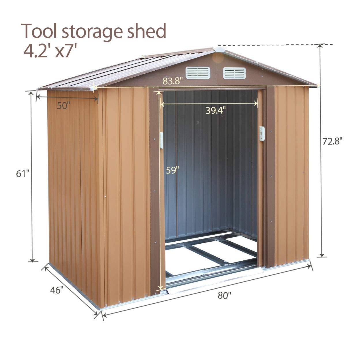 NBTiger 4.2’ x 7’ Large Outdoor Storage Shed, Sturdy Utility Tool Lawn Mower Equipment Organizer for Backyard Garden w/Gable Roof, Lockable Sliding Door, Vents - Coffee