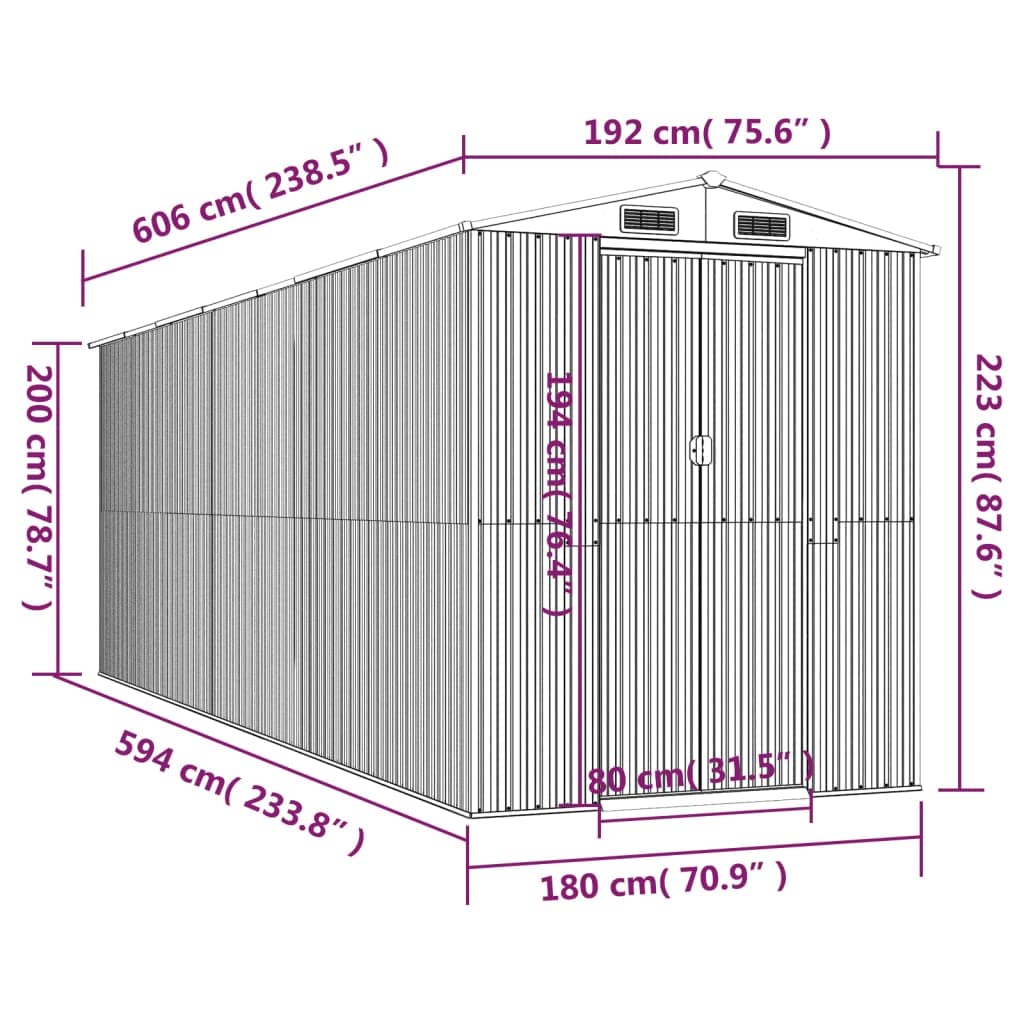 GOLINPEILO Abri de jardin extérieur en métal, grand hangar à outils utilitaire en acier, abri de jardin en acier avec doubles portes coulissantes, rangement utilitaire et outils, marron foncé 75,6"x238,6"x87,8" 75,6"x238,6"x87,8" 