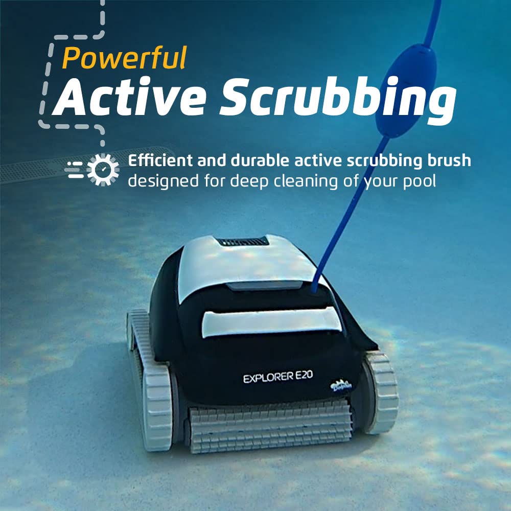 Dolphin Explorer E20 Robotic Pool Vacuum Cleaner — Powerful Wall Climbing Capability for an Ultimate Clean — Powerful Active Scrubbing Brush — Ideal for All Pool Types up to 33 FT in Length