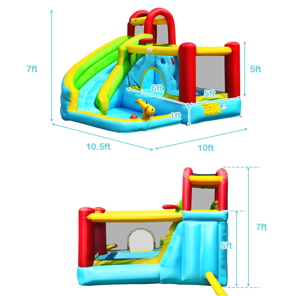 BOUNTECH Toboggan aquatique gonflable 6 en 1 pour enfants en plein air avec piscine à éclaboussures, mur d'escalade, canon à eau, toboggans aquatiques gonflables pour tout-petits garçons filles cadeaux de fête sans souffleur