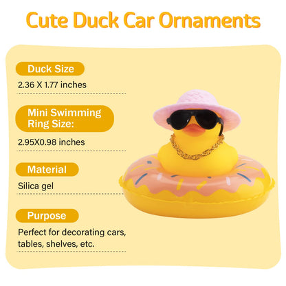 wonuu Car Rubber Duck Car Duck Decoration Dashboard Car Ornament for Car Dashboard Decoration Accessories with Mini Bachelor Cap Necklace and Sunglasses A-pink&pink Doughnut Swim Ring