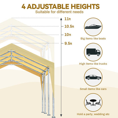 ADVANCE OUTDOOR 12x20 ft Heavy Duty Carport with Sidewalls & Doors, Adjustable Height from 9.5 to 11 ft, Car Canopy Garage Party Tent Boat Shelter 8 Reinforced Poles and 4 Sandbags, Beige 017BY-1 With Sidewall