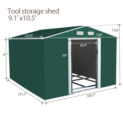 NBTiger Grand abri de rangement extérieur de 9,1 x 10,5 pi, outil utilitaire robuste, organisateur d'équipement de tondeuse à gazon pour jardin avec toit à pignon, porte coulissante verrouillable, aérations, cadre de sol – Vert 