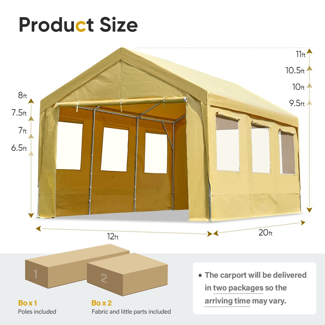 ADVANCE OUTDOOR 12x20 ft Heavy Duty Adjustable Carport with 6 Roll-up Ventilated Windows & Removable Sidewalls Car Canopy Garage Boat Shelter Party Tent, Peak Height from 9.5ft to 11ft, Beige Yellow 12'x20'