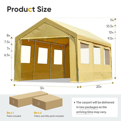 ADVANCE OUTDOOR Abri de voiture réglable robuste de 3,7 x 6,1 m avec 6 fenêtres ventilées enroulables et parois latérales amovibles, auvent de voiture, garage, abri de bateau, tente de fête, hauteur maximale de 9,5 pieds à 11 pieds, beige jaune 12' x 20' 