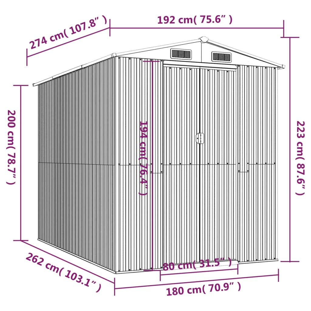 Gecheer Abri de jardin en acier galvanisé, abri de rangement pour outils de jardin avec évent, abri de rangement extérieur, maison de rangement avec porte pour jardin, patio, pelouse – Gris clair 190 x 270 x 220 cm, 75,6 x 107,9 x 87,8 