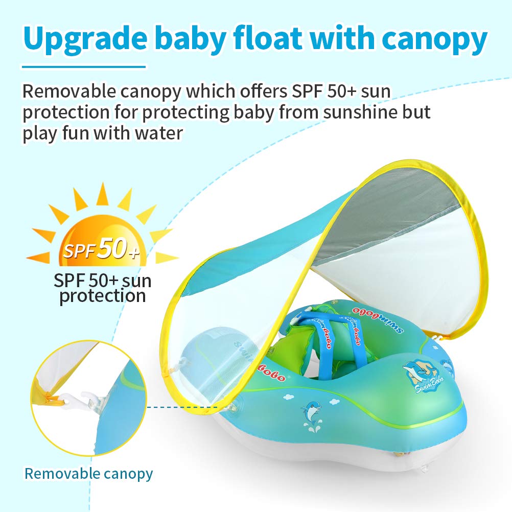 Swimbobo Flotteur de natation pour bébé Anneau de flotteur gonflable pour bébé avec protection solaire Auvent amovible pour les enfants âgés de 3 à 36 mois Amusant sur l'eau (Blue+Canopy,L) Blue+canopy Large