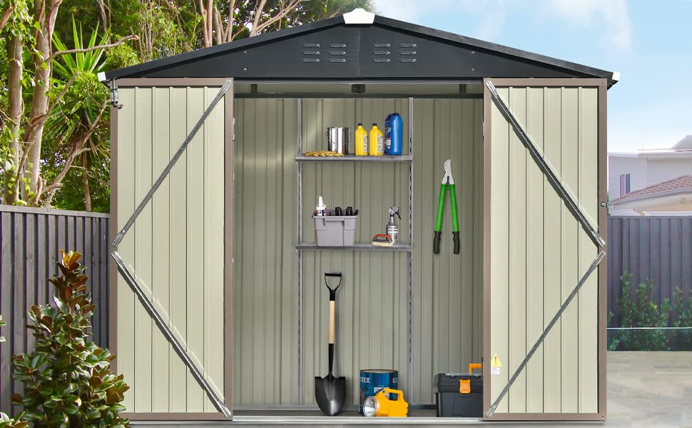 Goohome Sheds & Outdoor Storage, 8ft x6ft Outdoor Storage Shed with Design of Lockable Doors and Air Vent, Stable Steel Shed, Spacious Multipurpose House Garden Tool Storage Shed for Backyard, Lawn B-Brown