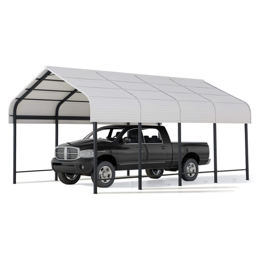 Sunjoy Carport 12 x 20 pi Tonnelle d'extérieur, abri de garage robuste avec toit et cadre en acier/aluminium enduit de poudre, abri de voiture à toit Gambrel pour voiture, bateau, remorque et équipement extérieur blanc/noir 12 x 20 pi 