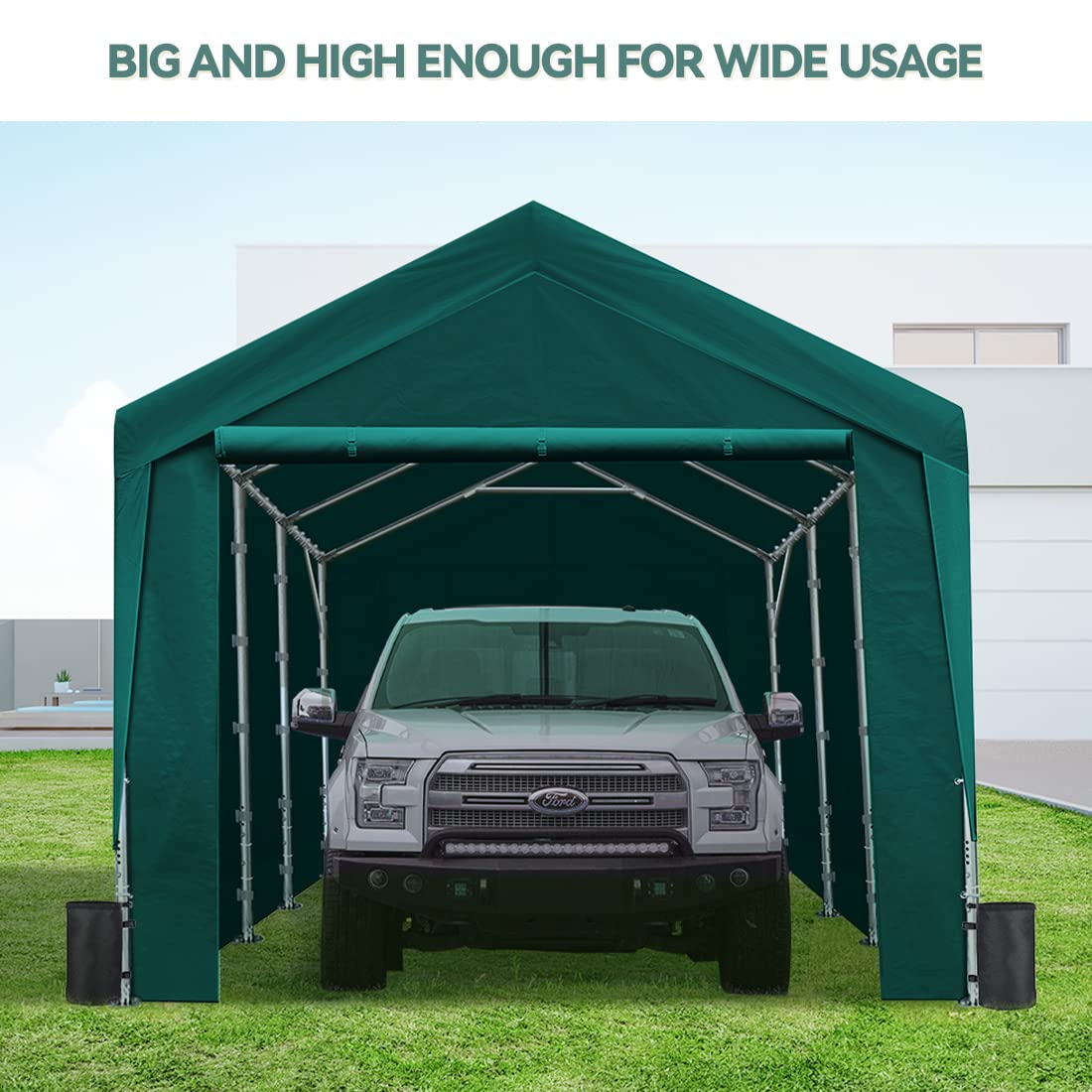 ADVANCE OUTDOOR 12x20 ft Heavy Duty Carport with Sidewalls and Doors, Adjustable Height from 9.5 to 11 ft, Car Canopy Garage Party Tent Boat Shelter 8 Reinforced Poles 4 Sandbags,Green (017G-2) With Sidewall Green