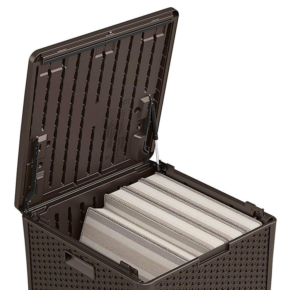 Suncast 60 Gallon Resin Wicker Design Cube Shape Storage Deck Box, Java (2 Pack) 2 Pack
