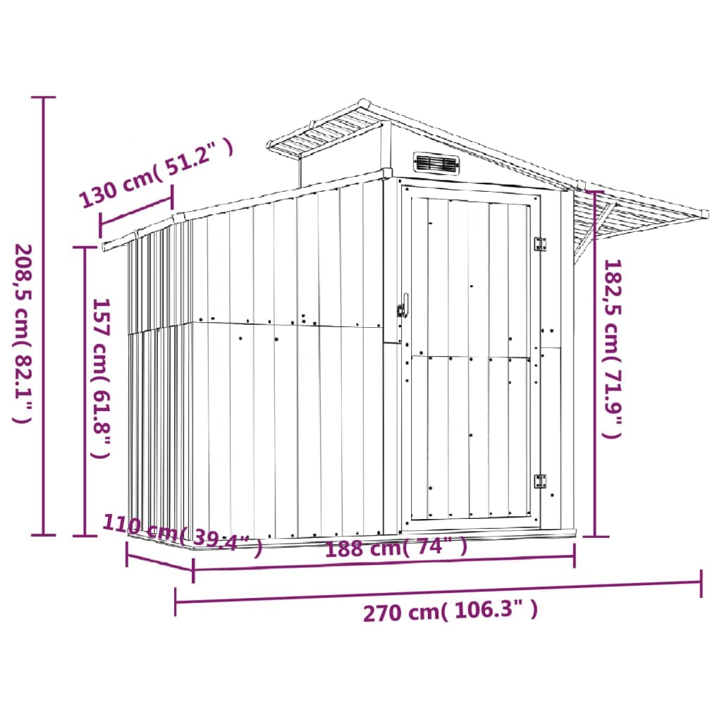 GOLINPEILO Outdoor Garden Shed with Sliding Doors and Vents Galvanized Steel Outdoor Tool Shed Pool Supplies Organizer Outside Shed for Yard Backyard Lawn Mower, Anthracite 106.3"x51.2"x82.1" 106.3"x51.2"x82.1"