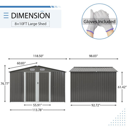 Verano Garden Abri de rangement extérieur de 3 x 2,4 m, abri de jardin en métal en acier galvanisé, double porte avec serrure, maison à outils de rangement extérieur pour jardin, patio, pelouse 2,4 x 3 m, gris 